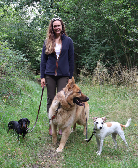 Kate in the forest with 4 dogs on leads